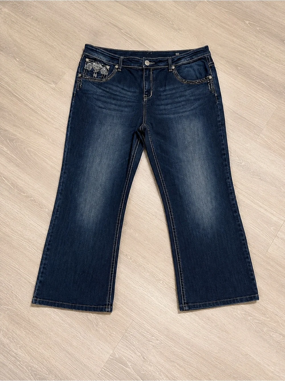 Embroidered Back Pocket Dark Blue Flare Jeans